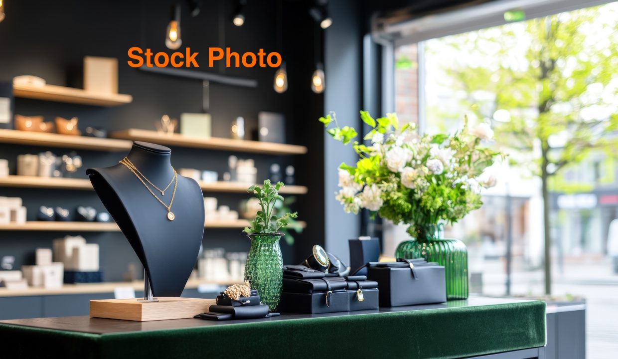 Jewelry store display with gold necklace and watch on retail counter