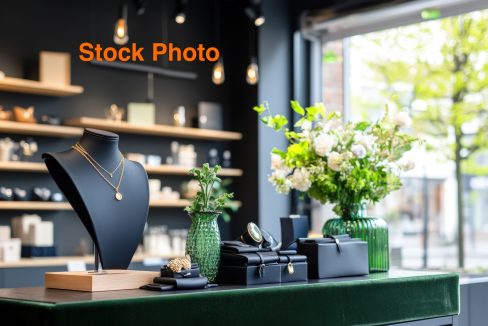 Jewelry store display with gold necklace and watch on retail counter